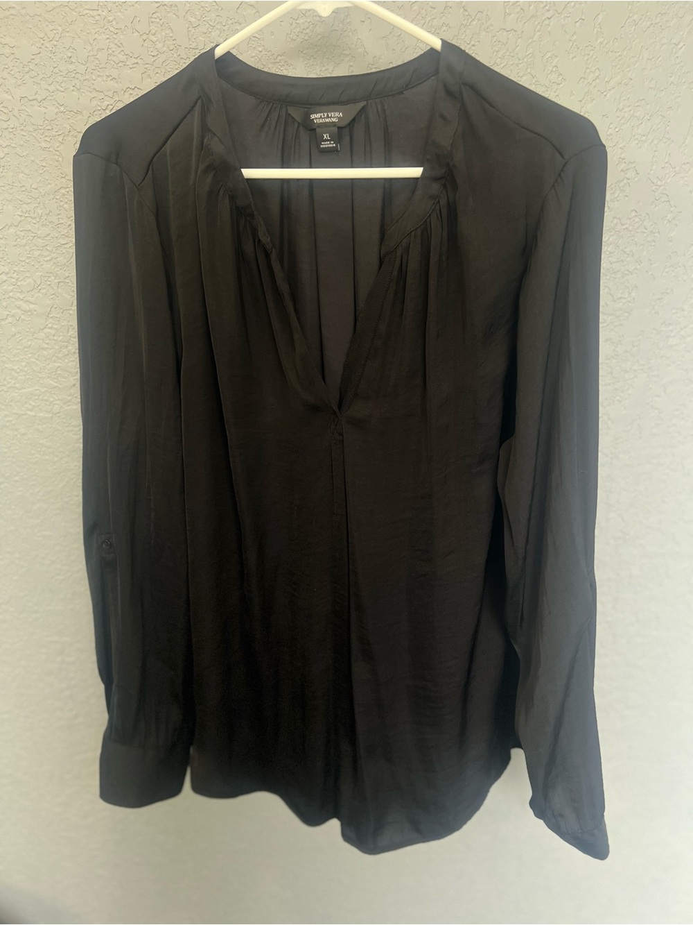 Simply Vera, Vera Wang Silky Black Long-Sleeve Split-Neck V-Neck Blouse - Women
